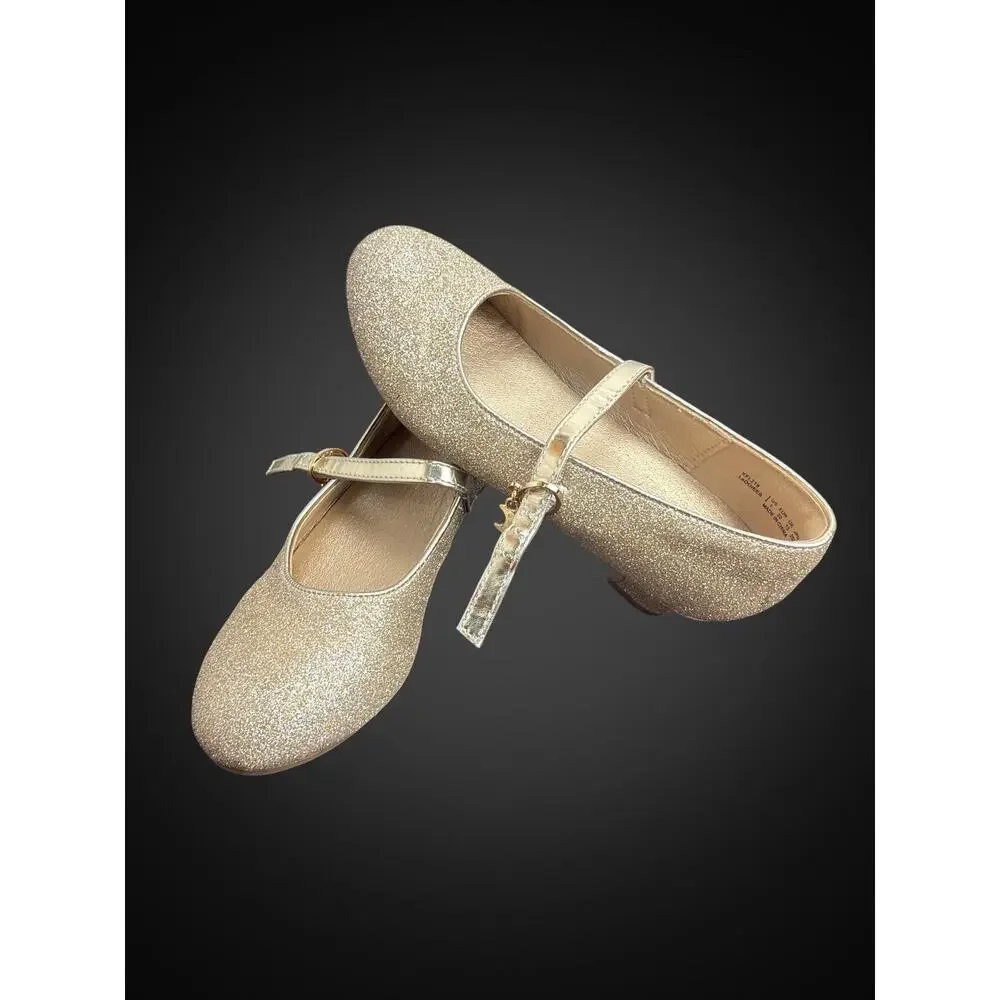 Girls Gold Glitter Mary Jane Flats Buckle Strap Round Toe Low Block Heel US 1